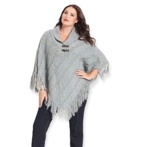 DEBBIE Morgan Grey Cowel Neck Cable Knit Fringed Poncho, Buckle Accents, Large